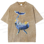 Unisex Artistic Cartoon Whale Printed Washed Tee