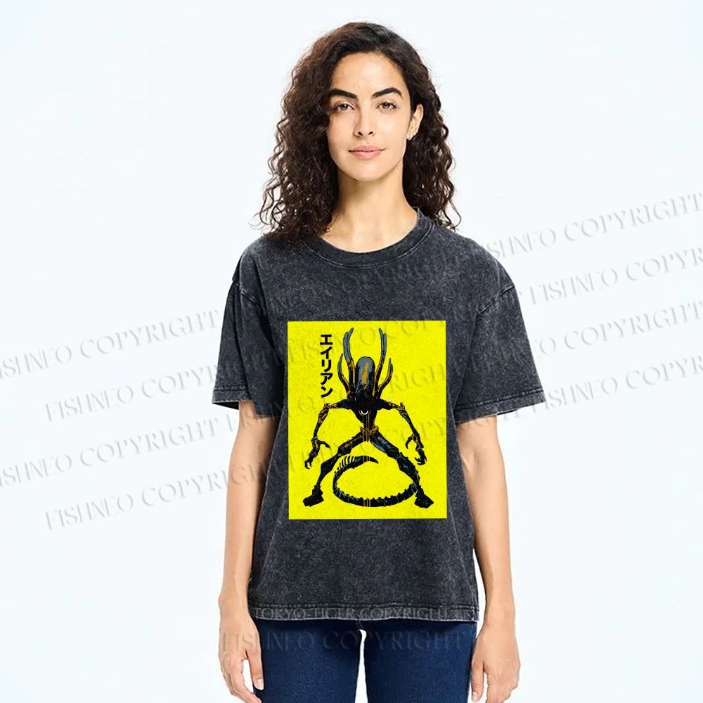 Unisex Alien Printed Washed Tee