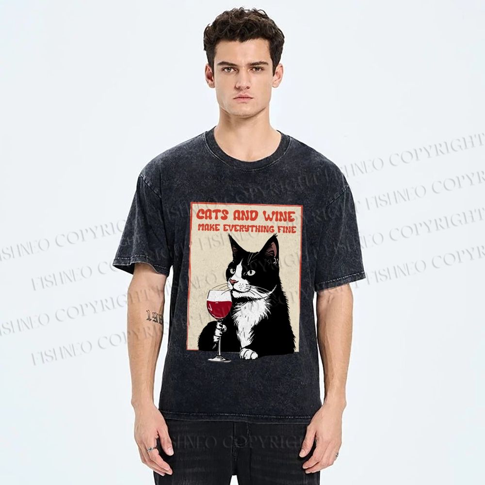 Unisex Cats and Wine Cozy Vibe Printed Washed Tee