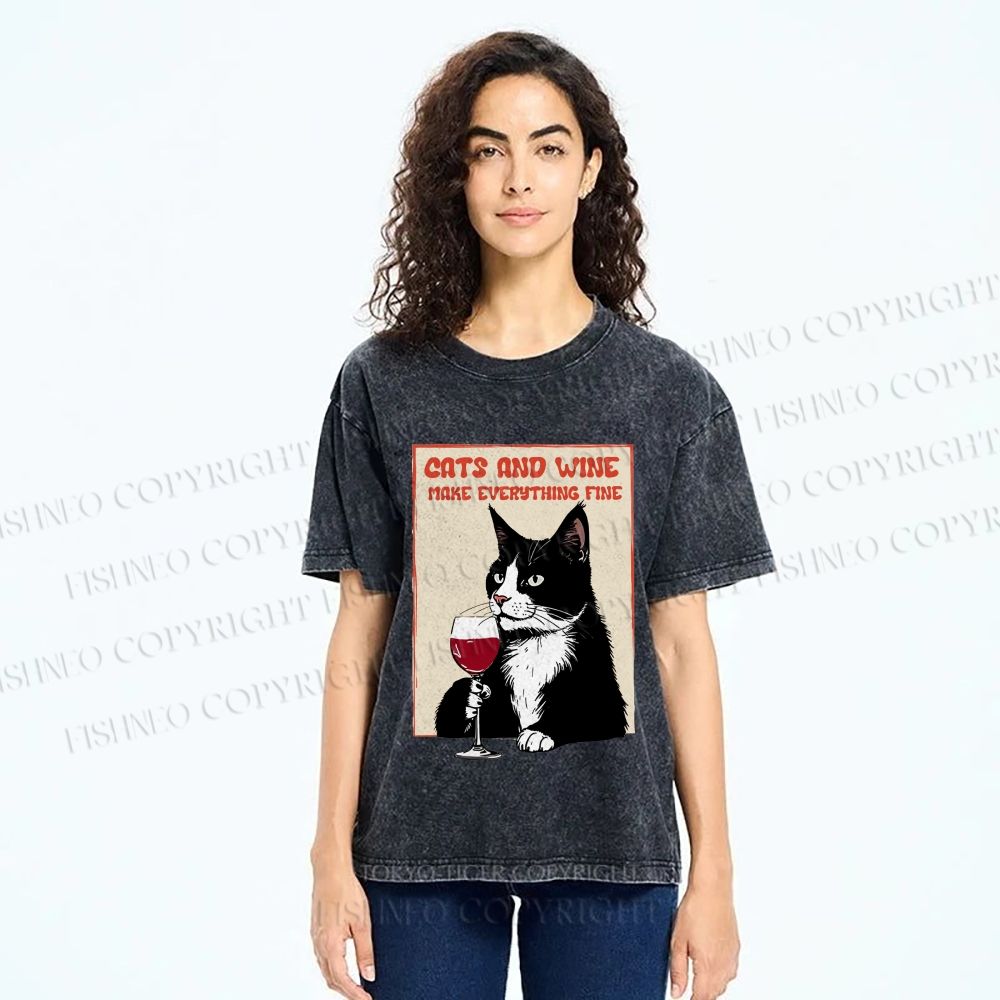Unisex Cats and Wine Cozy Vibe Printed Washed Tee