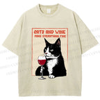 Unisex Cats and Wine Cozy Vibe Printed Washed Tee