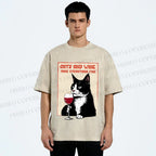 Unisex Cats and Wine Cozy Vibe Printed Washed Tee