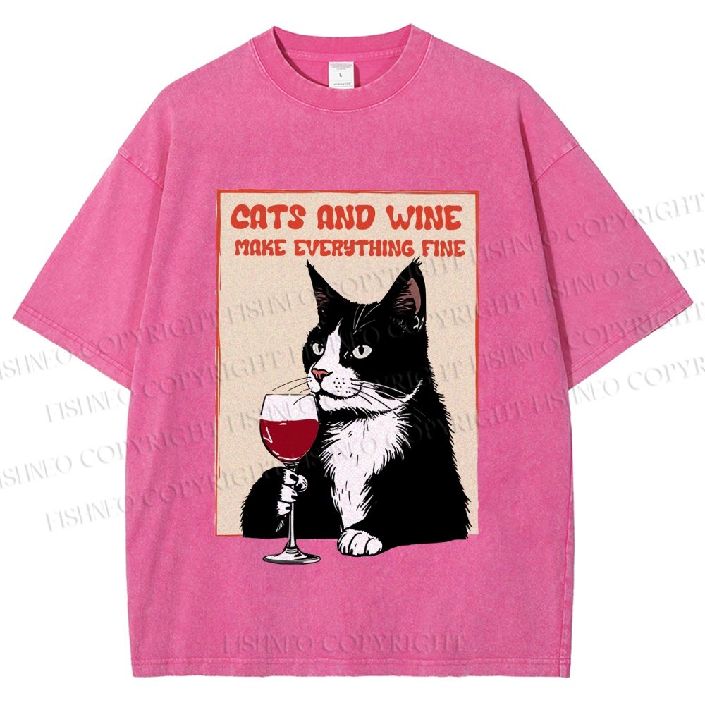 Unisex Cats and Wine Cozy Vibe Printed Washed Tee