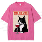 Unisex Cats and Wine Cozy Vibe Printed Washed Tee