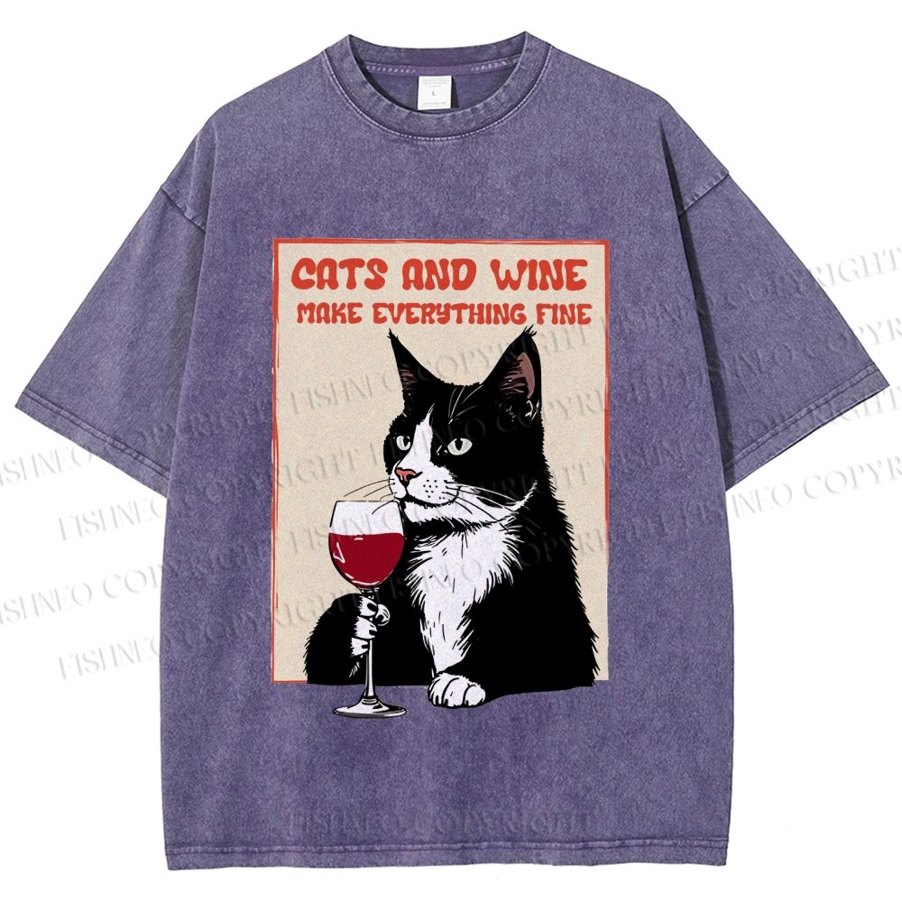 Unisex Cats and Wine Cozy Vibe Printed Washed Tee