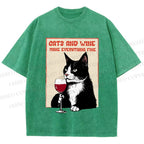 Unisex Cats and Wine Cozy Vibe Printed Washed Tee
