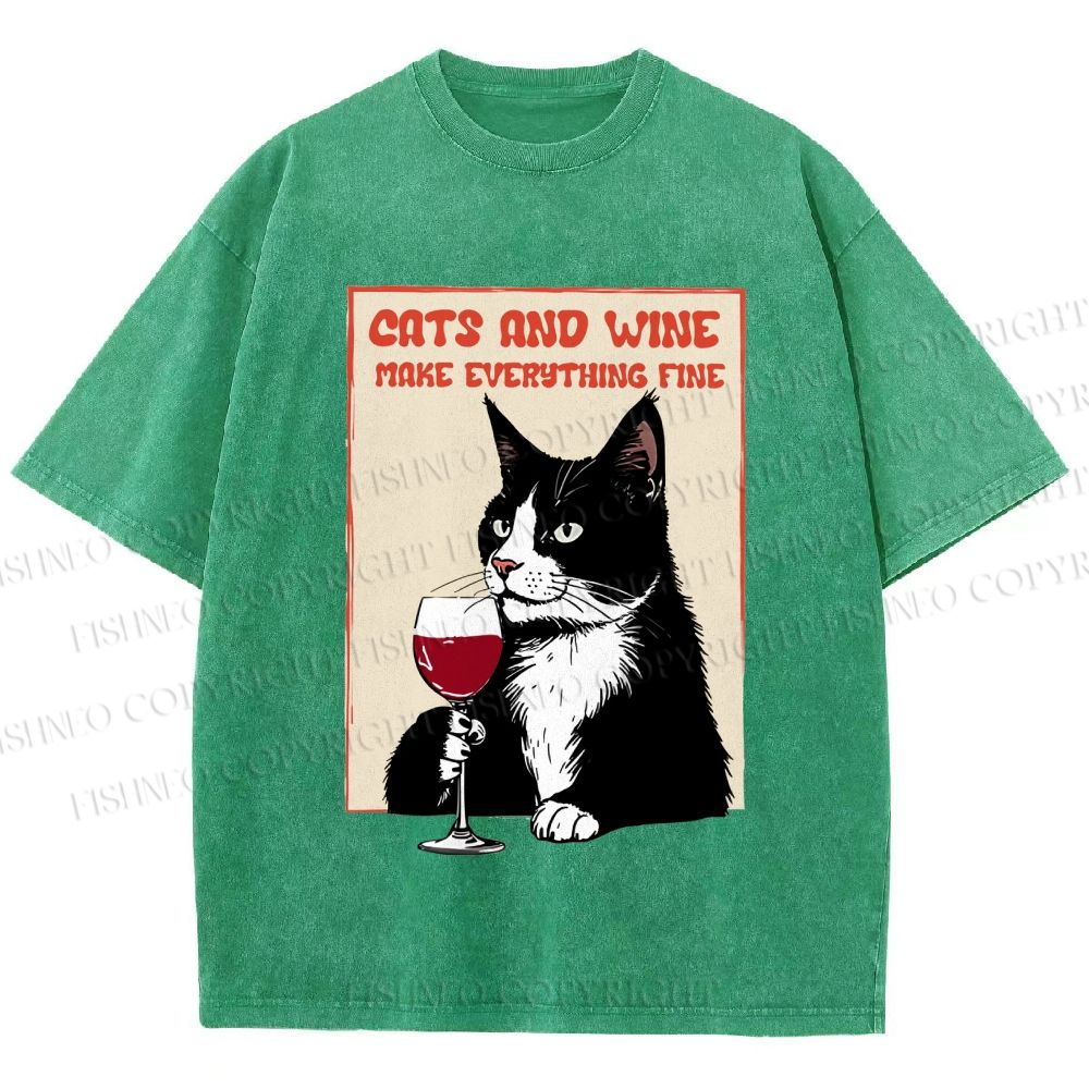 Unisex Cats and Wine Cozy Vibe Printed Washed Tee