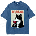 Unisex Cats and Wine Cozy Vibe Printed Washed Tee