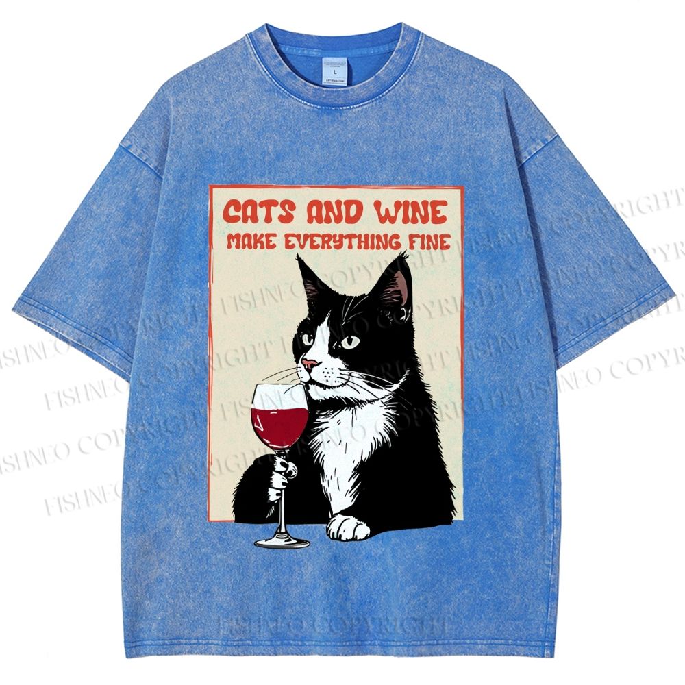 Unisex Cats and Wine Cozy Vibe Printed Washed Tee