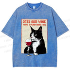 Unisex Cats and Wine Cozy Vibe Printed Washed Tee