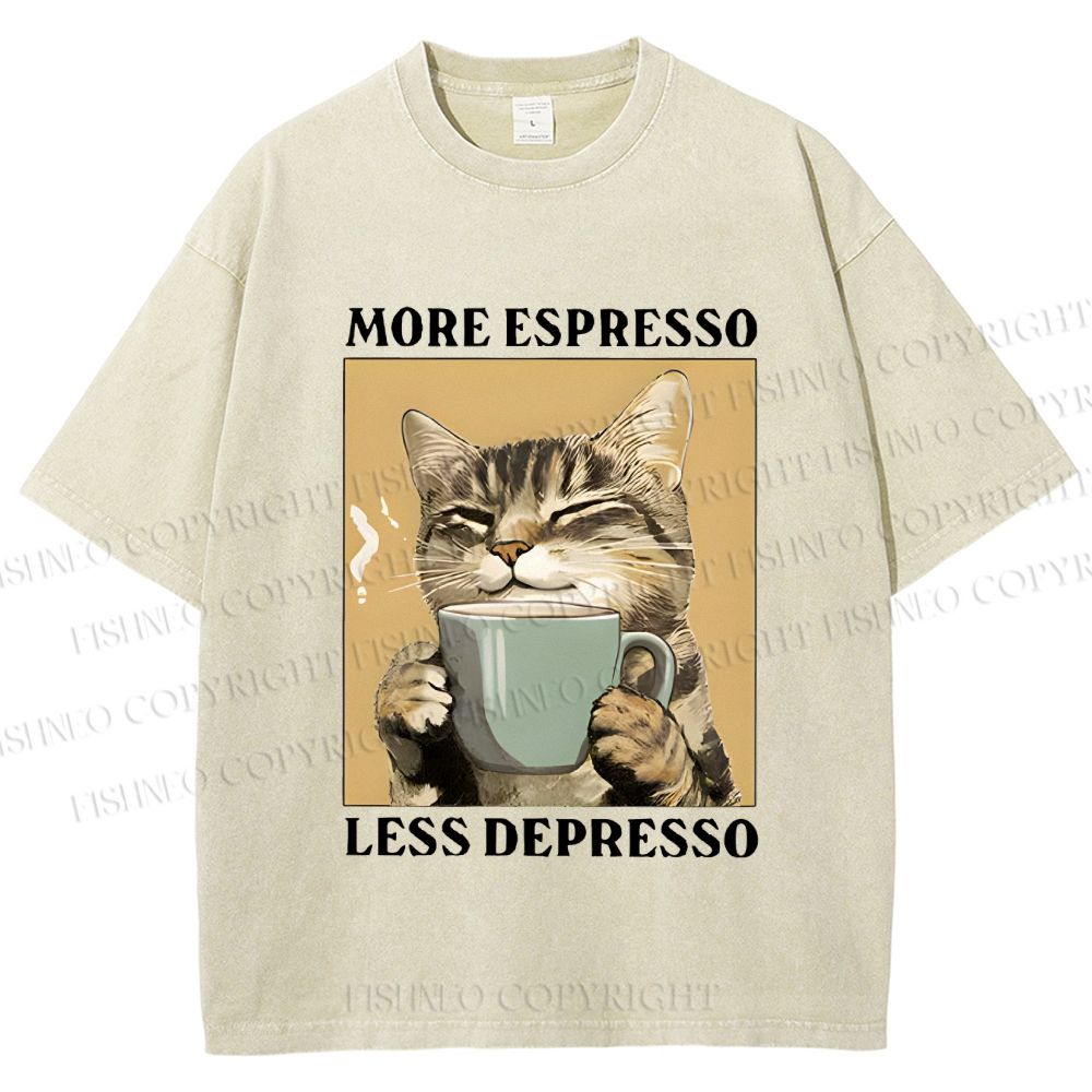 Unisex More Espresso Less Depresso Cat Printed Washed Tee