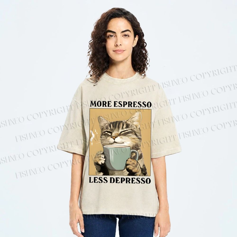 Unisex More Espresso Less Depresso Cat Printed Washed Tee