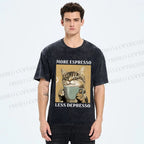 Unisex More Espresso Less Depresso Cat Printed Washed Tee