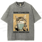 Unisex More Espresso Less Depresso Cat Printed Washed Tee