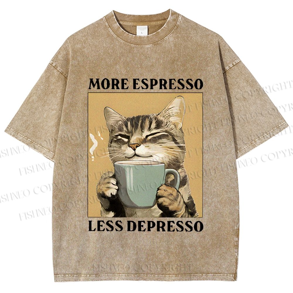Unisex More Espresso Less Depresso Cat Printed Washed Tee