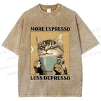 Unisex More Espresso Less Depresso Cat Printed Washed Tee