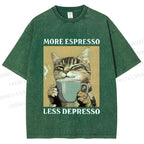 Unisex More Espresso Less Depresso Cat Printed Washed Tee