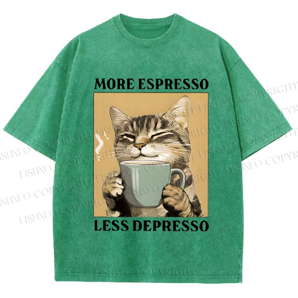 Unisex More Espresso Less Depresso Cat Printed Washed Tee