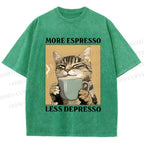 Unisex More Espresso Less Depresso Cat Printed Washed Tee