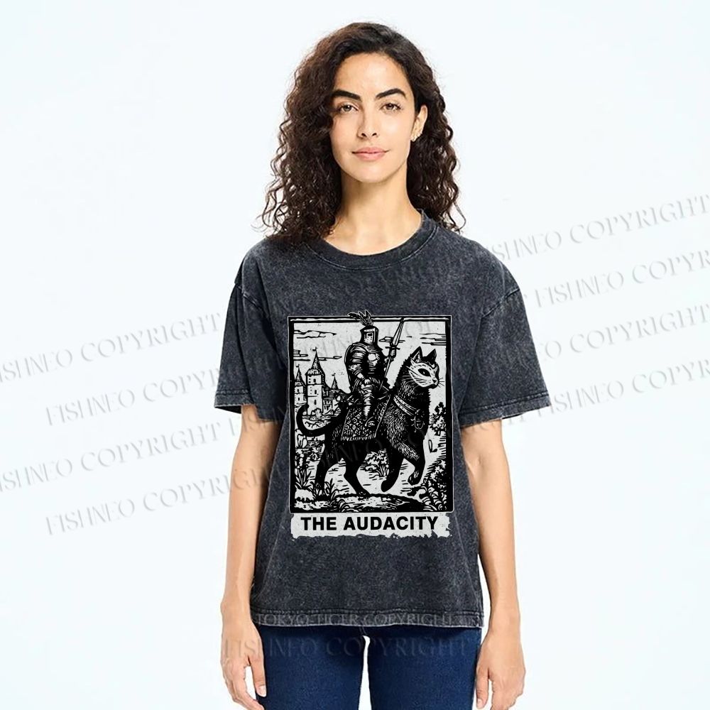 Unisex The Audacity Knight Cat Printed Washed Tee