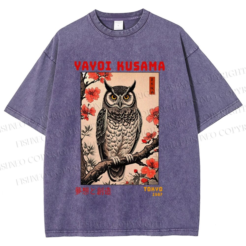 Unisex Printed Yayoi Kusama Ukiyo-e Owl Art Washed Tee