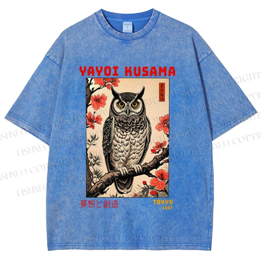 Unisex Printed Yayoi Kusama Ukiyo-e Owl Art Washed Tee