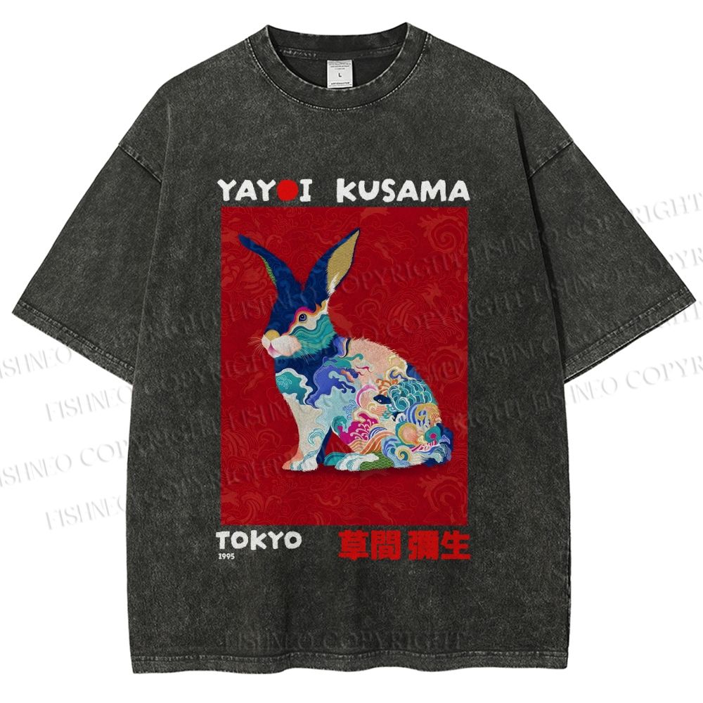 Unisex Printed Yayoi Kusama Floral Rabbit 1995 Washed Tee