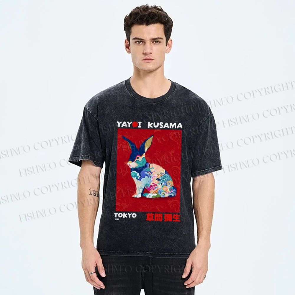 Unisex Printed Yayoi Kusama Floral Rabbit 1995 Washed Tee