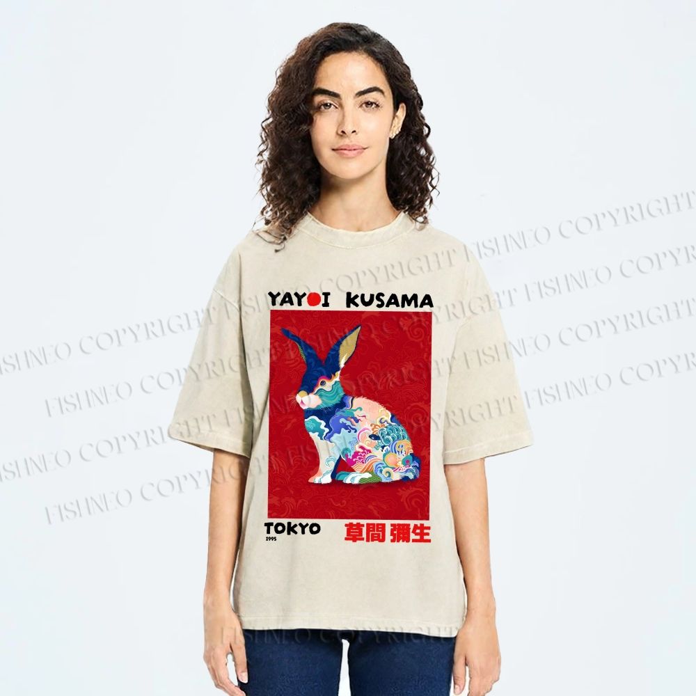 Unisex Printed Yayoi Kusama Floral Rabbit 1995 Washed Tee