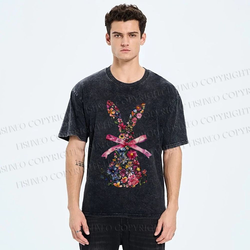Unisex Blooms & Ribbons Easter Bunny Printed Washed Tee