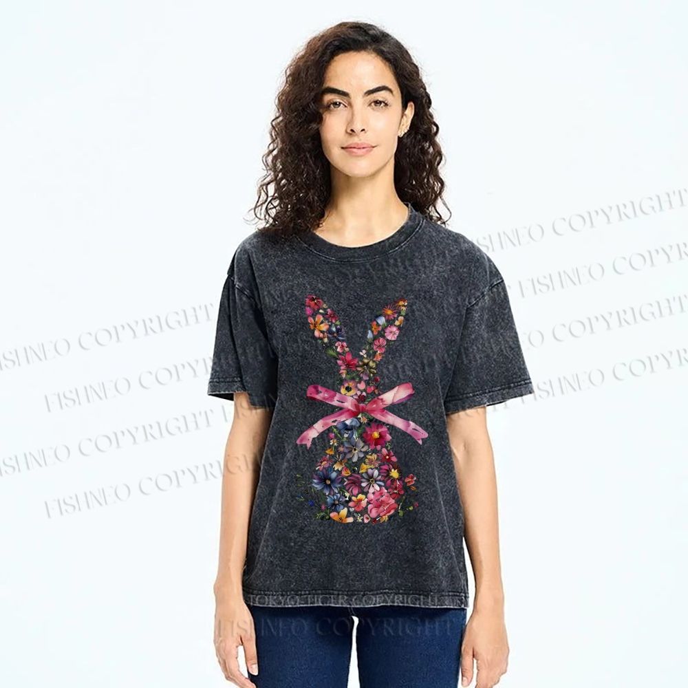 Unisex Blooms & Ribbons Easter Bunny Printed Washed Tee