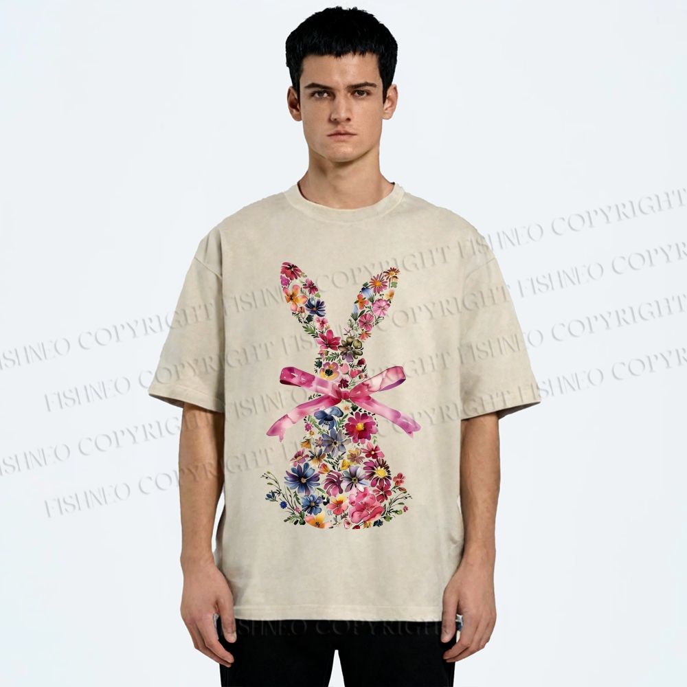 Unisex Blooms & Ribbons Easter Bunny Printed Washed Tee