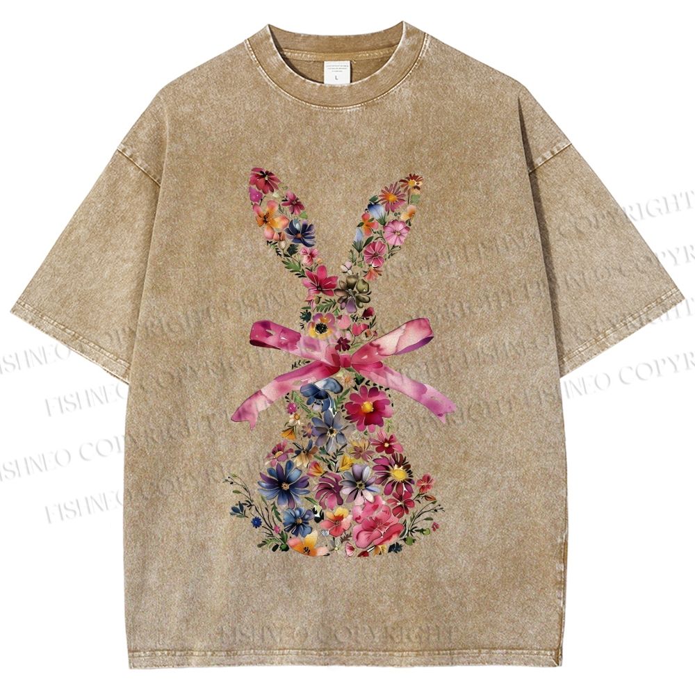 Unisex Blooms & Ribbons Easter Bunny Printed Washed Tee