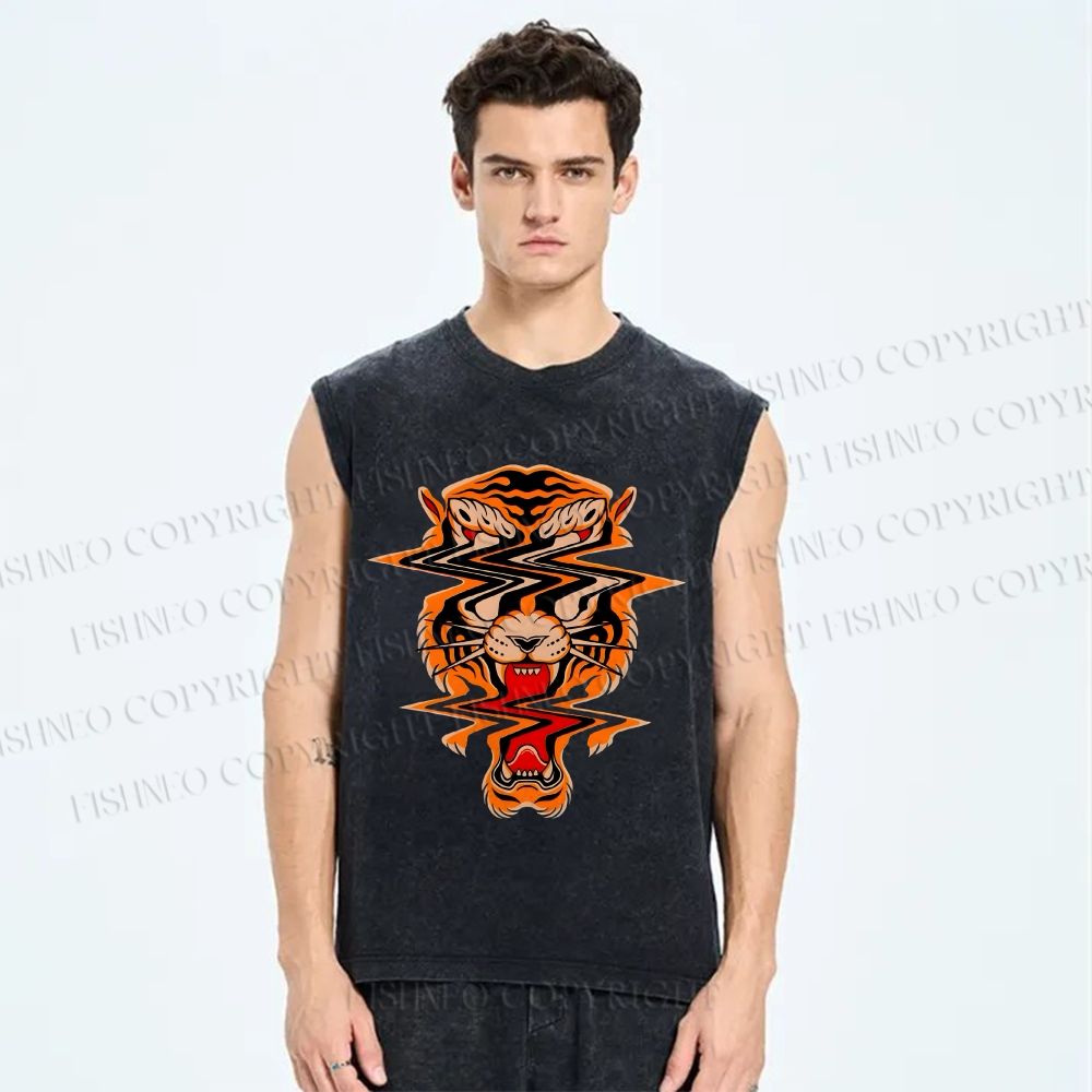 Unisex Twisted Tiger Printed Washed Tank Top