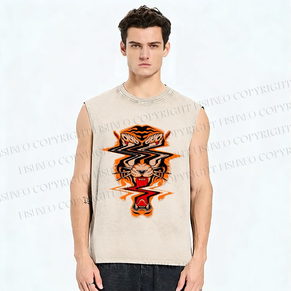 Unisex Twisted Tiger Printed Washed Tank Top