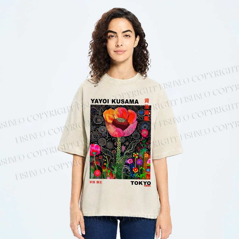 Unisex Yayoi Kusama Polka Dot Flower Printed Washed Tee
