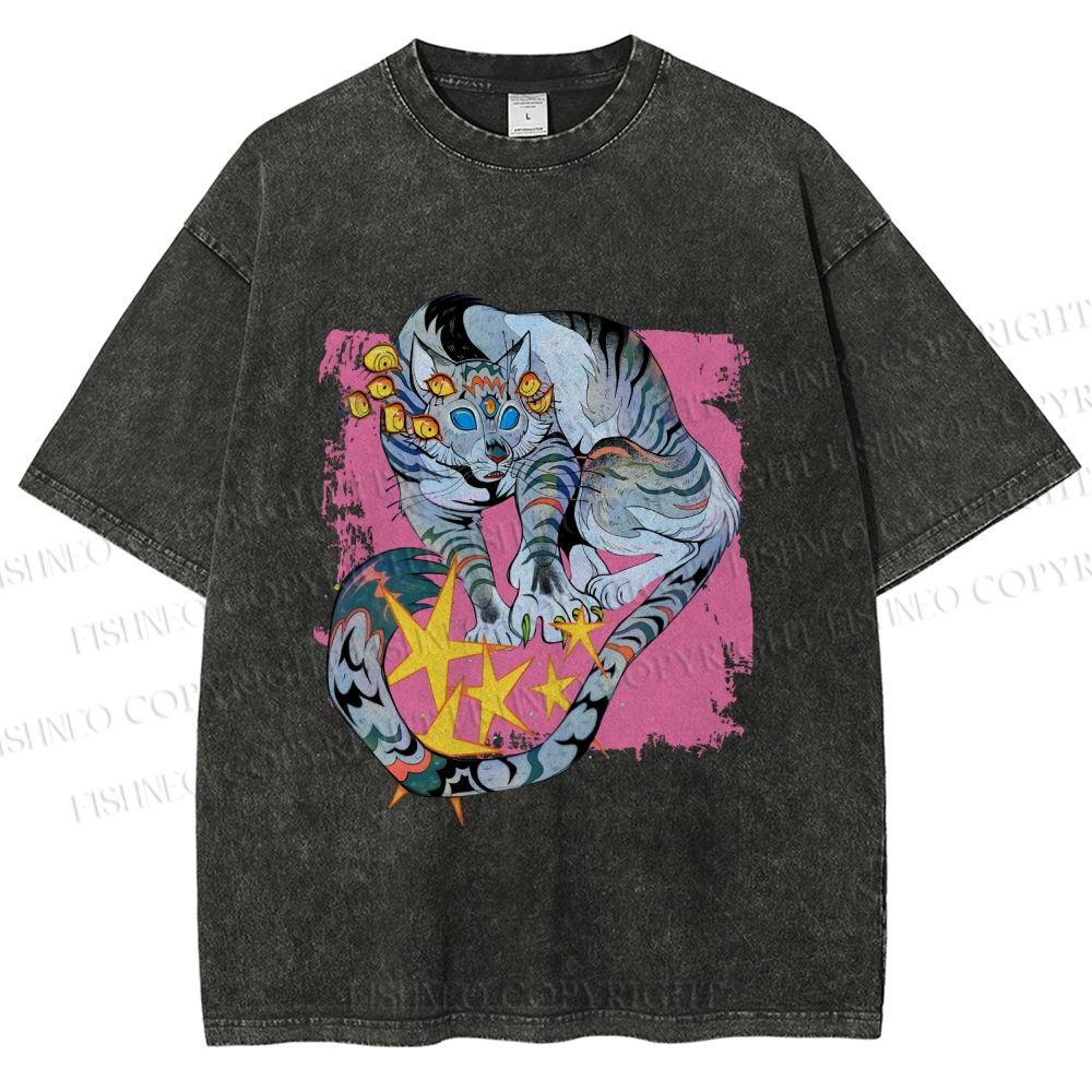 Unisex Shining Tiger Printed Washed Tee