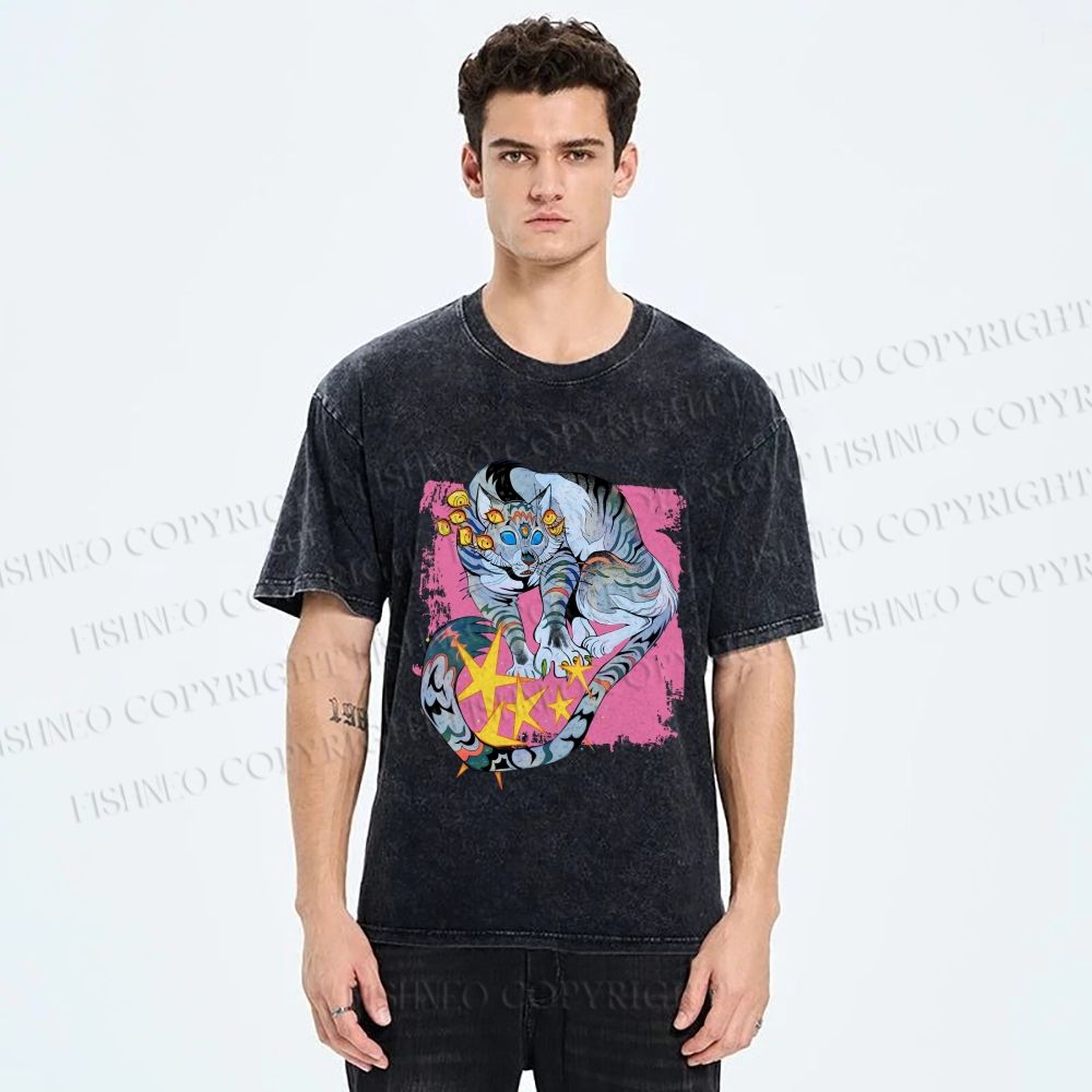 Unisex Shining Tiger Printed Washed Tee