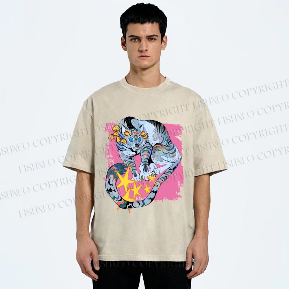 Unisex Shining Tiger Printed Washed Tee