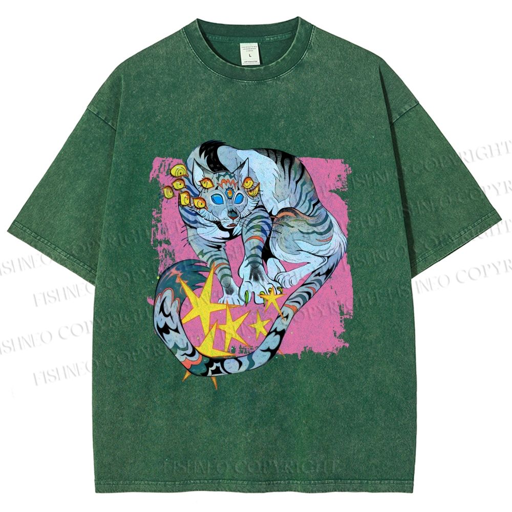 Unisex Shining Tiger Printed Washed Tee