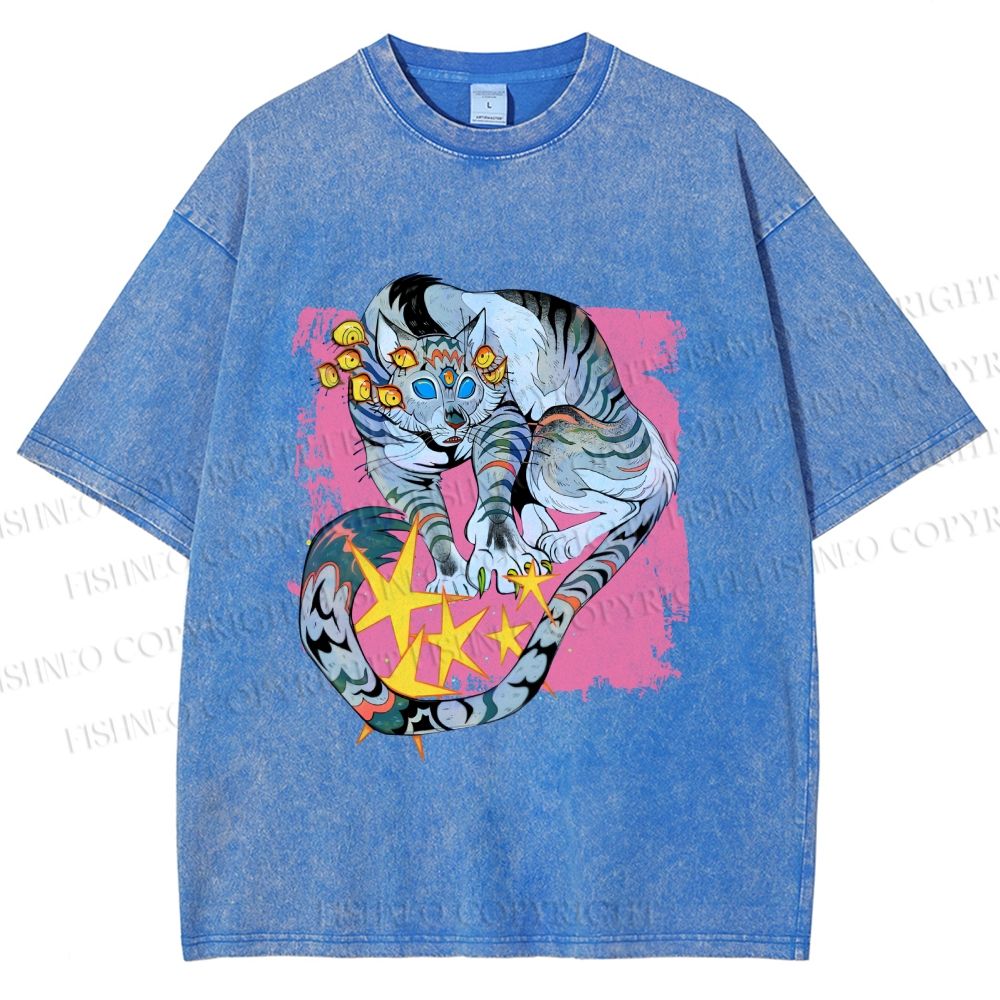 Unisex Shining Tiger Printed Washed Tee