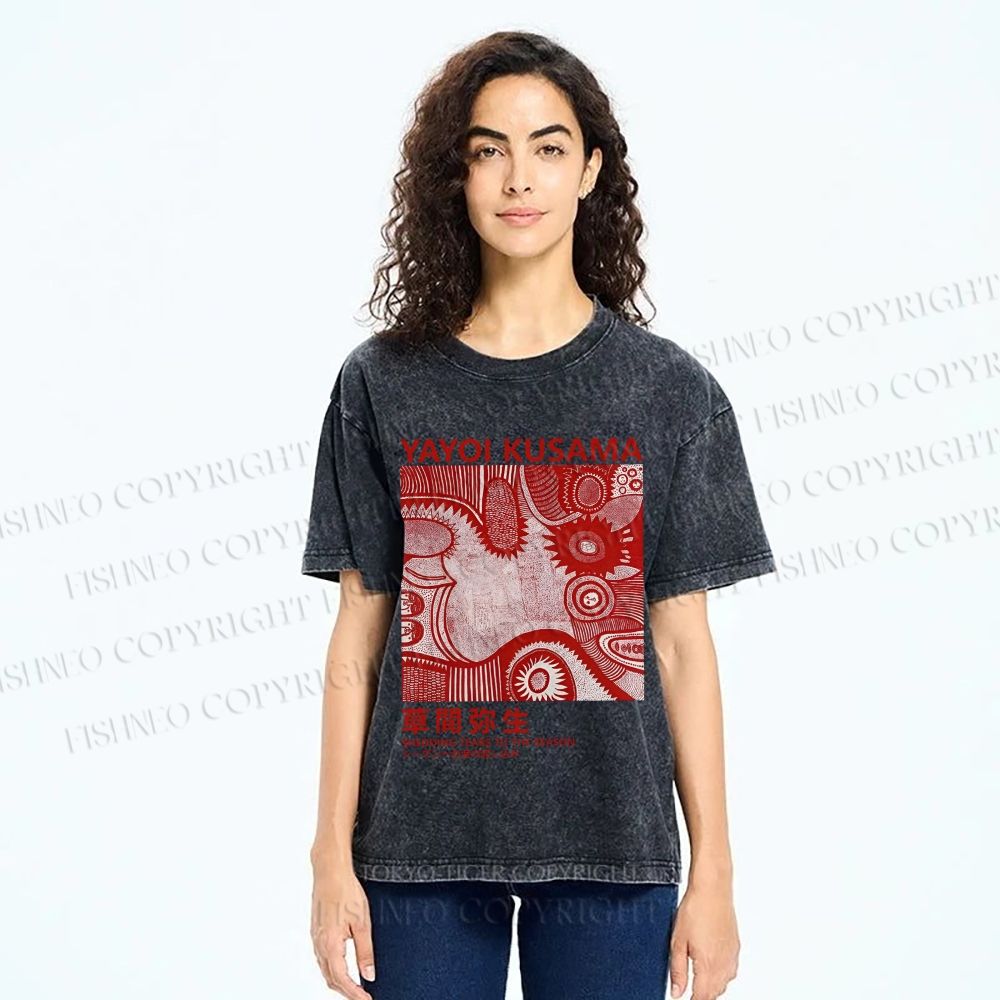 Unisex Yayoi Kusama Red Graffiti Printed Washed Tee