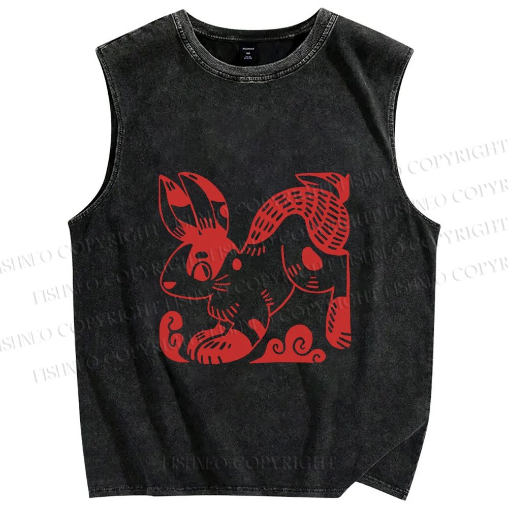 Unisex Vintage Red Rabbit Printed Washed Tank Top