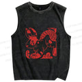 Unisex Vintage Red Rabbit Printed Washed Tank Top