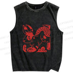 Unisex Vintage Red Rabbit Printed Washed Tank Top