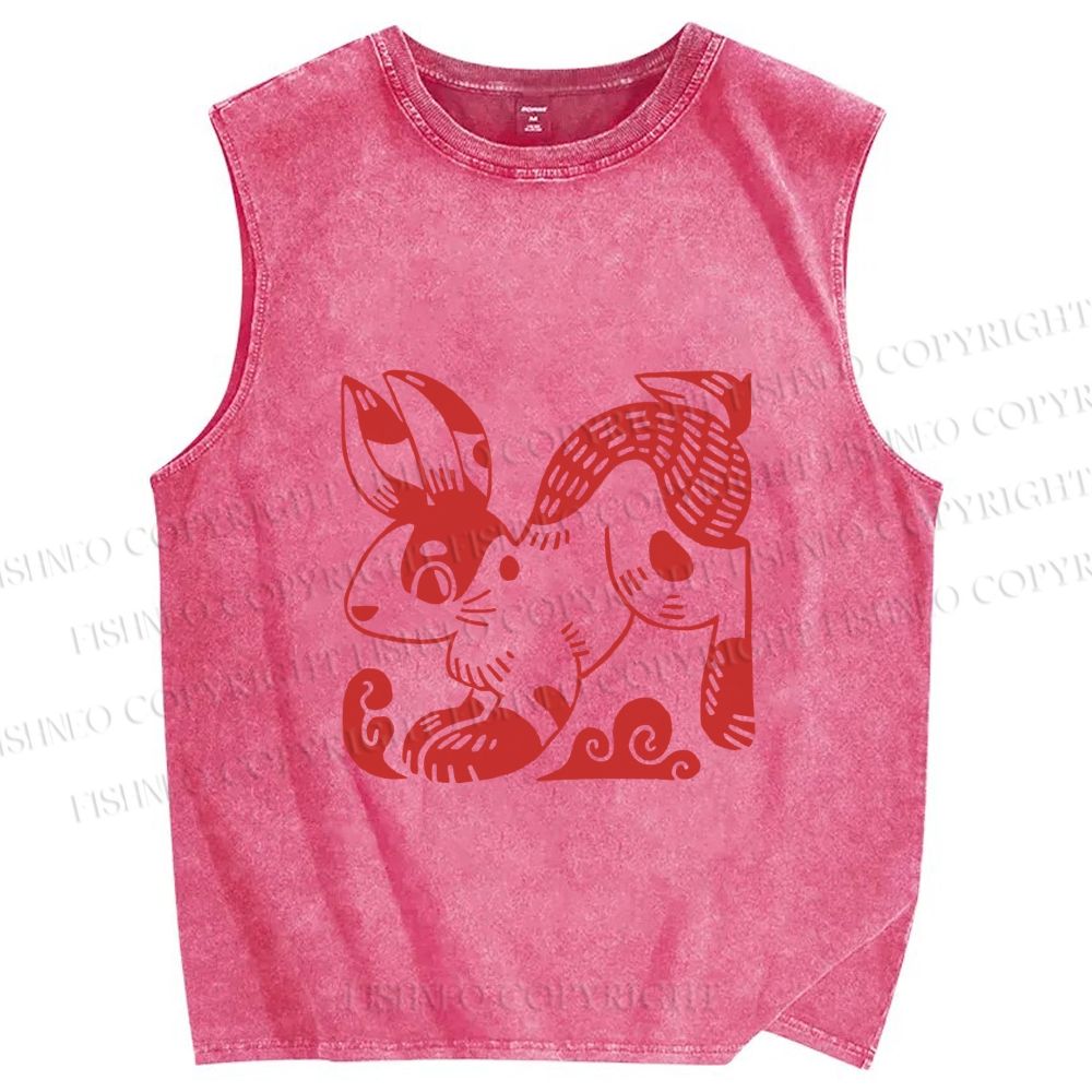 Unisex Vintage Red Rabbit Printed Washed Tank Top