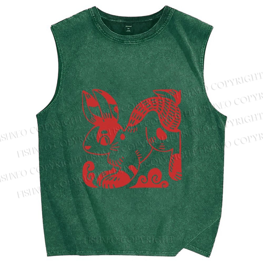 Unisex Vintage Red Rabbit Printed Washed Tank Top