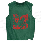 Unisex Vintage Red Rabbit Printed Washed Tank Top