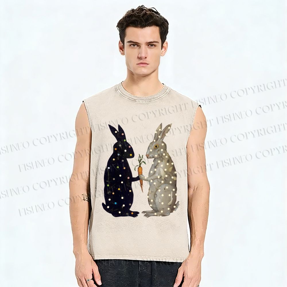 Unisex Rabbits With Dots Holding a Carrot Printed Washed Tank Top