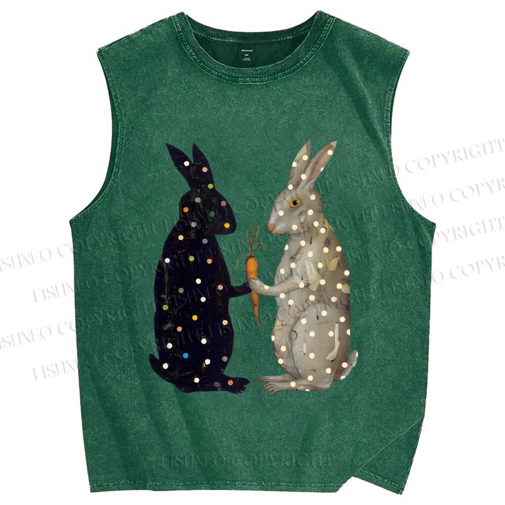Unisex Rabbits With Dots Holding a Carrot Printed Washed Tank Top